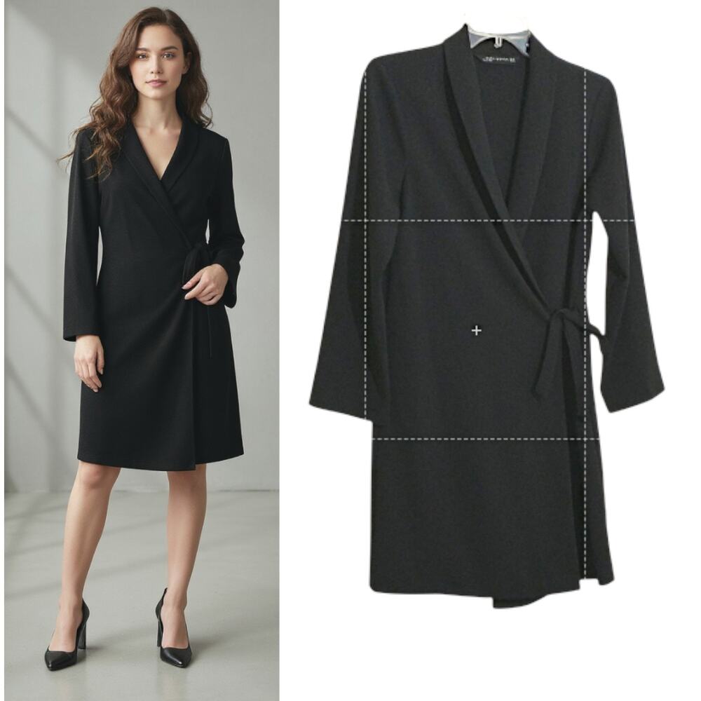 Zara Woman Wrap Dress Size XS Black Long Sleeve Tie At Waist Knee Length Career
